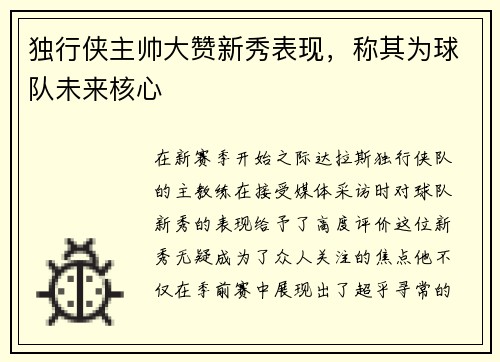 独行侠主帅大赞新秀表现，称其为球队未来核心