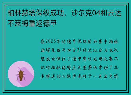 柏林赫塔保级成功，沙尔克04和云达不莱梅重返德甲